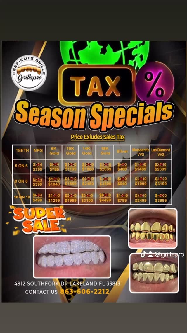 TAX SEASON SPECIAL ARE HERE 🔥 LIMITED TIME SALE STARTS TODAYAVAILABLE ONLINE AND IN PERSON💥Unbelievable Prices & Unbeatable Quality 🔥4912 Southfork Dr Lakeland FL📍 DM For Inquiries 👏🏽 (863) 606 2212📲www.Grillzpro.com#grillzpro #lakelandfl #Florida #taxseason by @grillzpro
