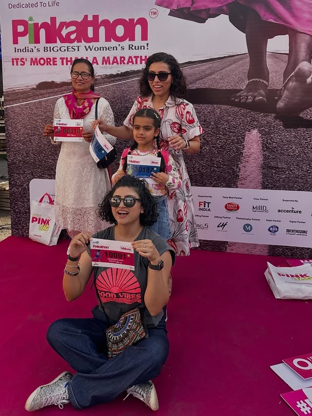 #pinkathon2026When I was announced mascot for the 10k @pinkathonindia I was excited but bit worried too.. am more of a gym rat than a runner. It was my dearest friend @ankita_earthy who chose me and knew I will be able to do it how could I say no to her.. who is my inspiration, who finished #ironman half and then full in the samw quarter of year.. whom I have seen running, cycling and swimming effortlessly for miles.. so I said YES and I am so glad not just me doing the first 10k it was my mom 5K, my sister and 6 years old niece 3K ( their first pinkathon) Along with 6000 women on the women’s day the morning of march 8th 2026 we ran… and the experience was nothing but surreal.From collecting the BIBs on 7th, cheering the invincible runners, 📸 with the founder of @invinciblewomen.india Ankita early morning elfies with fam, pink morning, lineup and flag off, to finishing our respective runs, doing squats for selfie with the one any only #fitnessicon @milindrunning I will remember this weekend for ever!! P.S. special and big thanks to @singh.prashh 🤗🤗 by @pilotjassigr8