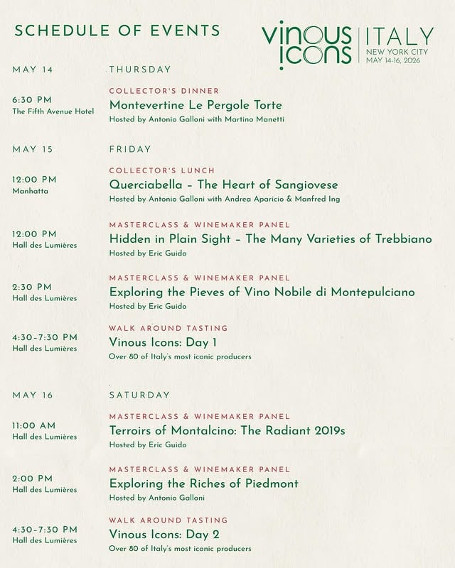 The second edition of Vinous Icons: Italy is fast approaching! Join us May 14-16, 2026, in New York City for walk-around tastings featuring more than 80 of Italy’s most respected producers, winemaker masterclasses, and once-in-a-lifetime vertical tastings.Check out the full schedule and purchase early-bird tickets via the link in bio.#wineevent #nycevent #nycwine #italianwine #vinousicons by @vinousmedia