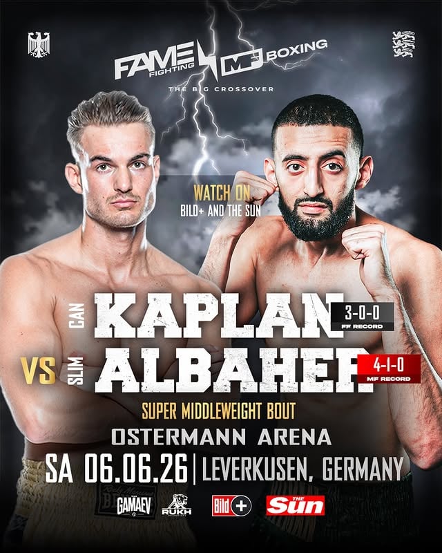 CAN KAPLAN 🇹🇷 VS SLIM ALBAHER 🇾🇪 Fame Fighting Champion 🇩🇪 vs Former Misfits Boxing Champion 🇬🇧 Der zweite Kampf des großen Crossovers ist da! Unser ungeschlagener Champion trifft auf den gefährlichsten Hitman aus den USA! ⚔️ Für wen werdet ihr sein, schreibt es in die Kommentare!CAN KAPLAN 🇹🇷 VS SLIM ALBAHER 🇾🇪 Fame Fighting Champion 🇩🇪 vs Former Misfits Boxing Champion 🇬🇧 The second fight of the massive crossover is here!Our undefeated Champion meets the most dangerous Hitman from the USA! ⚔️ Who you riding with? Drop it in the comments!Fame Fighting x Misfits Boxing - 06. June📍 Ostermann Arena, Leverkusen🎟️ Tickets coming soon..📺 Live on BILD+ and THE SUN by @slimthehitman