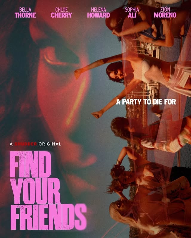 A party to die for. 🩸#FindYourFriends drops on Shudder June 12th. Starring the girlsss Chloe Cherry, Helena Howard, Sophia Ali, Zion Moreno and me! 👀🤍🔪 by @zion.moreno