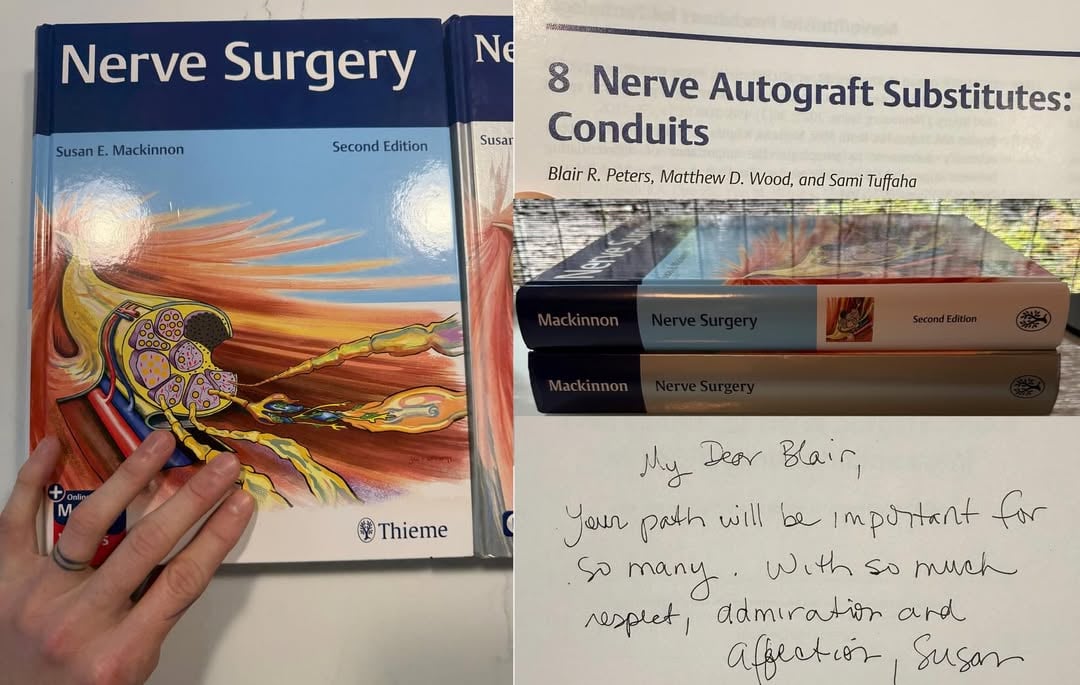 Got the best piece of mail today. The second edition of @drsusanmackinnon “Nerve Surgery”. This book was my guiding light through my peripheral nerve fellowship. I read it cover to cover multiple times. It was a career goal and honor to be asked to author a chapter in the second edition. Receiving this book prompted me to go back and look at my first edition. It had been awhile. It was an opportunity to reflect on how far I have come since that time. Where once was a dream is now routine. In the cover I found this message I had forgotten about from Dr. Mackinnon. Perhaps now is when I needed to read it most. Once an idol, now a mentor, friend and colleague. It is an amazing thing to have someone see your full potential before you can fully see it yourself. Thank you for this honor. My hope is a future edition can contain a chapter on pelvic and genital pain. And all of the work we are doing to bring peripheral nerve into these new areas. With so much gratitude. Blair by @queersurgeon