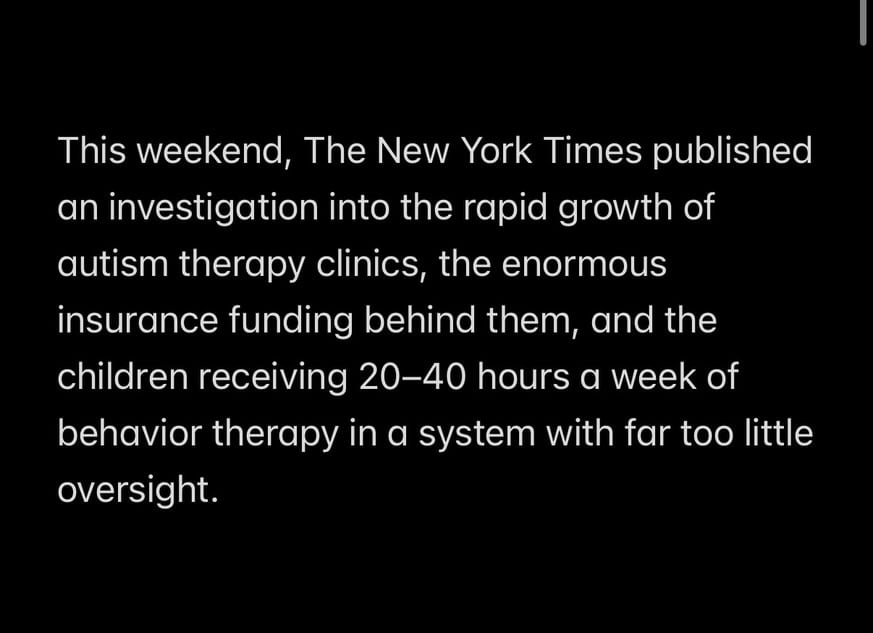 I’ve been holding onto this story for 8 years, and in light of the @nytimes article that came out yesterday, it’s finally time to share it. Yes, I know not all ABA therapy looks like what I described. Yes, I completely understand there are good professionals and bad professionals in every field. But the way the system works right now it’s far too easy for things to spiral out of control, especially with such a vulnerable population and families who desperately need help and support. I hope by sharing this that parents are inspired to observe all of their children’s therapies (not just ABA), ask questions, do research, and trust your gut if something isn’t sitting right with you. #hunger4words #aac #slp #autism by @hunger4words