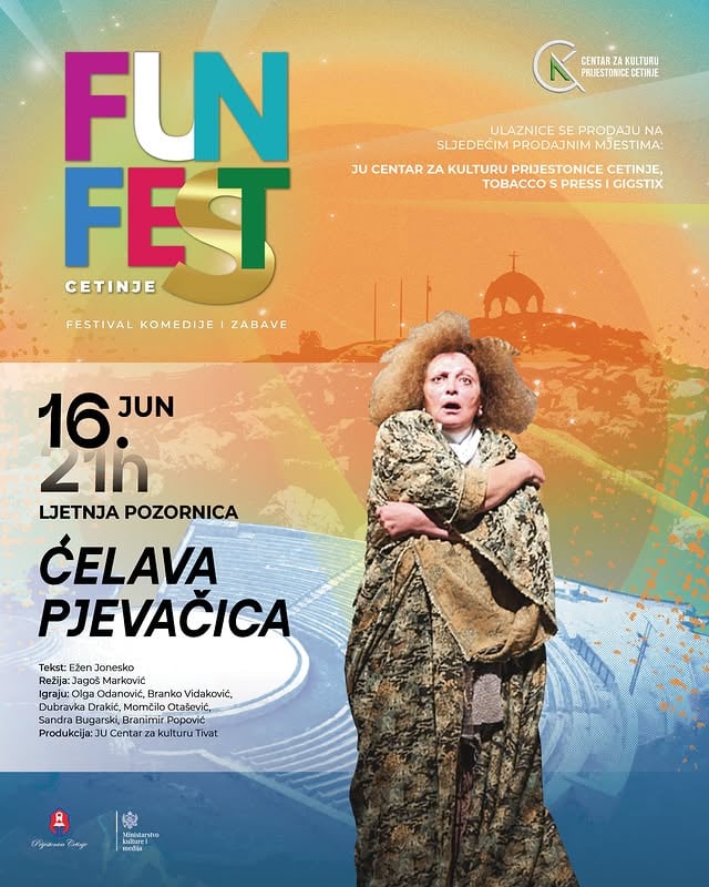 🎭ĆELAVA PJEVAČICA🎭16. JUN • 21HIII FUN FEST CETINJE📍LJETNJA POZORNICA“Ćelava pjevačica”Kultni Joneskov komad u režiji Jagoša Markovića. ✨Joneskov teatar apsurda u ovoj verziji govori jezikom Boke — kroz mediteranski duh, navike, fraze i apsurde koje prepoznajemo kao svoje.Zato ova predstava djeluje bliže, stvarnije i gotovo domaće. 🖤Na sceni: Olga Odanović, Branko Vidaković, Dubravka Drakić, Momčilo Otašević, Sandra Bugarski i Branimir Popović.🎟 Ulaznica: 10€✨ 12–21. jun | 8 predstava | 1 koncert | nezaboravne festivalske večeri🔥 Paket svih predstava — 35€🔥 Paket 3 predstave po izboru — 20€📍 Ulaznice:• Galerija Centra za kulturu Prijestonice Cetinje• Gigstix• Tobacco S PressPočetak ljeta, muzika i FUN FEST na najljepšoj sceni pod otvorenim nebom. ✨#FUNFEST #Cetinje #ĆelavaPjevačica #JagošMarković #Pozorište #Festival #CrnaGora by @sandra_bugarski
