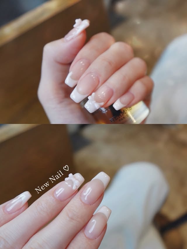 ..French × ribbon ⋈*.。#Nail #フレンチネイル#シンプルネイル #リボンネイル.. by @risaaa_0411