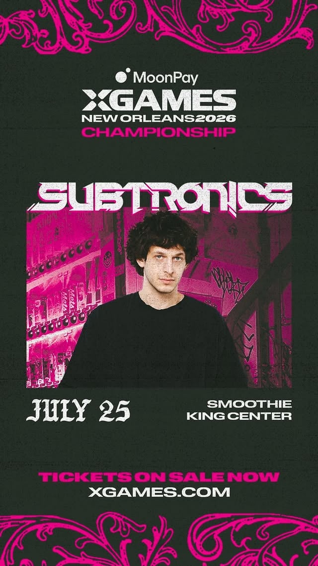 Heavy bass meets street culture 🛹Longtime skate fan @subtronics returns to headline Day 2 of the @moonpay X Games League Championship!✖️ Saturday, July 25✖️ @smoothiekingcenter✖️ Music & competition ticket bundles are on sale now at xgames.com/nola26 by @xgames