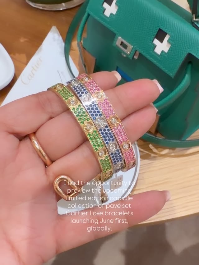 Cartier introduces a limited edition capsule collection of LOVE bracelets that include a set of full pave in white, rose and yellow golds. The stones are precious and semi precious and include white gold with blue sapphires, rose gold with pink sapphires and yellow gold with tsavorite gemstones plus 10 diamonds in each bracelet in place of the screw design 💎 Similar to the full pave version shown in slide 6 ➡️ @cartier also reintroduced their Rainbow 🌈 LOVE pieces this time creating one in yellow gold also to complete the set ✨ I was so fortunate to be able to preview and try the full range at our incredible Chicago boutique. Truly the best experience and service anywhere 👏🏼Truthfully I have been in deep contemplations as I build out my own Cartier stack. This collection officially launches June 1st but it has nearly all sold out globally I am told. It’s so special, truly pieces for those in the know. Share your thoughts 💭 Are you a fan of the classics or partial to the new release? #cartierlovebracelet #cartierrainbow #cartierpavelovebracelet #cartierlimitededition by @pursebop