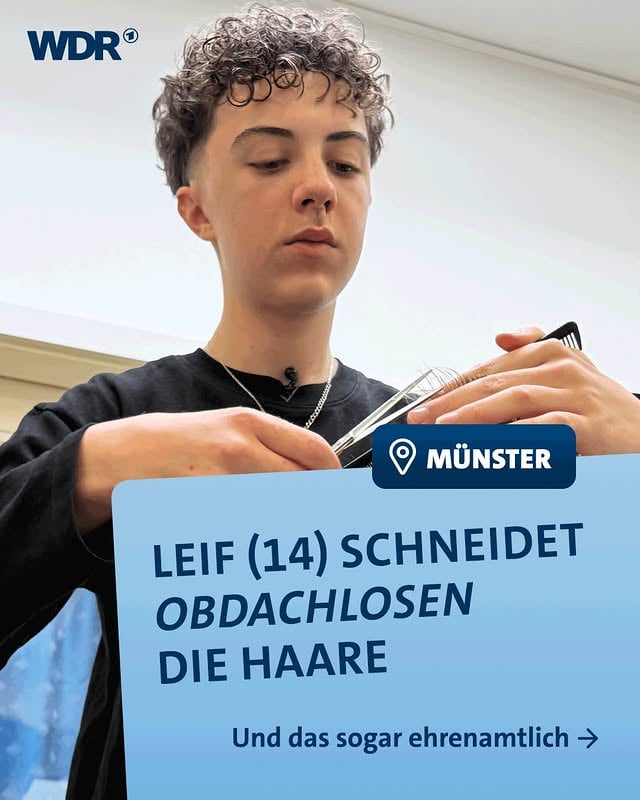 Leif (14) hat von seiner Mutter und in Online-Tutorials das Haareschneiden gelernt. Im Rahmen eines Sozialprojekts an seiner Schule in Münster ist er dann auf die Idee gekommen: Wohnungslosen kostenlos die Haare schneiden 💇‍♀️ Jeden Mittwoch kommt er dafür nach der Schule ins Haus der Wohnungslosen. Wenn das Schulprojekt vorbei ist, will er weitermachen. Dann aber einmal im Monat. 🤝 #Ehrenamt #Wohnungslos #Schüler #ARD #WDR by @wdr