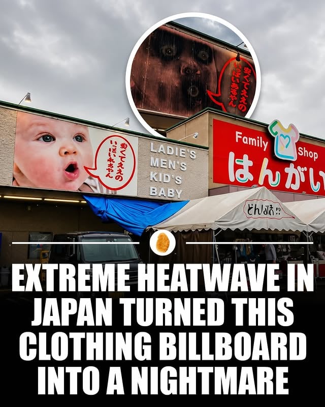 A family clothing store in Japan accidentally turned into an internet horror story after an extreme heatwave warped one of its billboards.

The sign originally featured a smiling baby, but prolonged exposure to intense heat caused the printed material to distort. As the image melted and stretched, the baby’s face transformed into something many people online compared to a horror movie character.