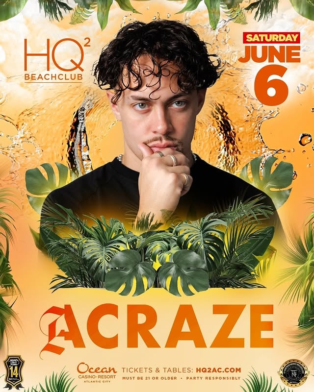 High-energy DJ & producer, @Acraze, takes over the beachclub this Saturday 🌊 Tables & tickets available at the link in our bio! by @hq2ac