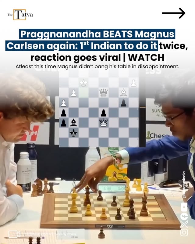 Indian Grandmaster R Praggnanandhaa joins a pretty exclusive list of players after his latest win over the legendary Magnus Carlsen in the eighth round of Norway Chess on Wednesday, June 3.After taking down Carlsen with white in the third round back on May 27, the 20-year-old from Chennai completed the stunning double by repeating the feat with the black pieces. It must be noted that Praggnanandhaa had also beaten Carlsen in the same tournament back in the 2024 edition as well.This is reportedly the first time in the last 19 years of classical chess, that a player has managed to get the better of the Norwegian great twice in the same tournament. The last person to do so was none other than the Indian legend himself, Vishwanathan Anand. He beat Carlsen twice at the Linares International Chess Tournament back in 2007.Despite the magnitude of the victory, the youngster is refusing to buy into the surrounding hysteria. Instead, his focus remains entirely on the bigger picture of the tournament.“More than beating Magnus, I think winning a game in this tournament is more important at this stage. So I’m happy that I managed to do that,” Praggnanandhaa told ChessBase India after the match.When speaking about Carlsen, the Indian prodigy noted that despite coming out on top, the Norwegian was never far off. He acknowledged the legend’s immense defensive skill, admitting that Carlsen kept finding the right moves even under intense pressure.📹: @chessbaseindia and @norway_chess by @thetatvaindia