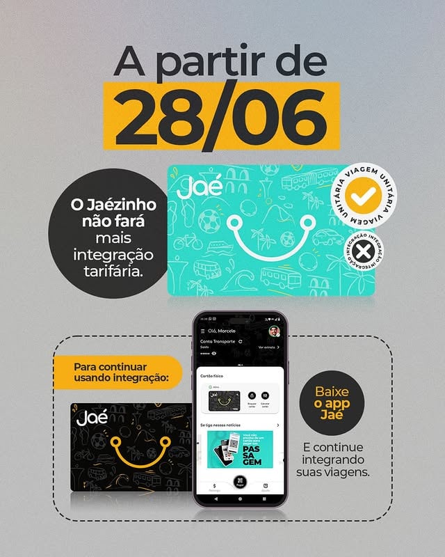 A partir de 28/06, o Jaézinho (cartão verde avulso) não fará mais integração BUC/BUM e metrô + transportes municipais, mas continua funcionando para viagens unitárias.

📌 Vale lembrar: o Jaézinho pode ser adquirido nas máquinas de autoatendimento e pontos credenciados, e não pode ser vinculado ao CPF.

Se você utiliza integração tarifária, vai precisar do:

🖤 Cartão Jaé preto
📲 App Jaé (pagamento com QR Code)

⚠️ A troca é necessária somente para quem usa integração. 

💛 Para os usuários do Jaé Gratuidade, nada muda. O cartão amarelo segue válido e não precisa ser substituído.

📆 Os ônibus municipais também deixarão de aceitar pagamento em dinheiro a partir de 28/06.

Baixe agora o app e faça seu cadastro! 📱