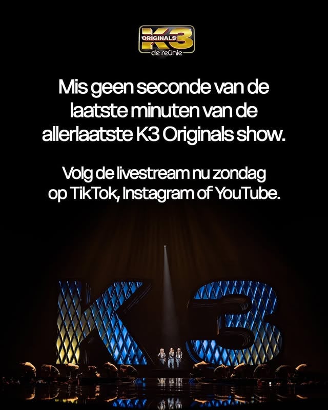 Zodra de eerste tonen van de allerlaatste song worden ingezet, starten de officiële livestreams op TikTok, Instagram en YouTube. 

Of je nu in je woonkamer staat te dansen of onderweg bent: iedereen kan live getuige zijn van het afscheid van Karen, Kristel en Kathleen tijdens de allerlaatste K3 Originals show. 

Lees meer via de link in bio.