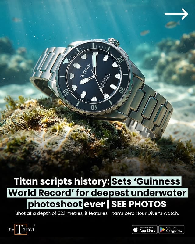 Titan just secured a Guinness World Record for the deepest underwater product photoshoot. The brand took its flagship Zero Hour Professional Diver’s Automatic 500M watch 52.1 metres below the surface of the Indian Ocean.To pull off the dive, a crew of five technical divers descended to 50 metres in just seven minutes. Fighting crushing ocean pressure and rough currents, the team operated heavy camera gear within a tight 20-minute window.Instead of a standard studio shoot, Titan used the event as a live field test for the ISO 6425-compliant and PADI-validated watch. The company is releasing only 1,000 limited-edition pieces of the model used during the record-breaking dive.Designed for tough environments, the Zero Hour collection draws its name from the decisive moment before action begins, when precision and reliability matter the most.The record attempt was meant to prove that promise in real-world conditions, not just inside a controlled testing setup.The watch used for the shoot was the Titan Zero Hour 500M Professional Diver’s Automatic, limited to just 1,000 numbered pieces. The model has already received ISO 6425 compliance and validation from the Professional Association of Diving Instructors (PADI), both seen as important benchmarks in the global diving watch space.The wider Zero Hour collection includes 12 timepieces, with water-resistance ratings ranging from 100 metres to 500 metres.Prices range from Rs 15,795 to Rs 77,995, and the collection is available at Titan World stores, premium watch retailers, large-format outlets, and online platforms.For Titan, the record goes beyond depth. It signals the company’s push to place Indian watchmaking on a global stage long dominated by established international performance-watch brands.And while most watches spend their lives ticking above sea level, this one has already made history by staying steady where the pressure is anything but. by @thetatvaindia