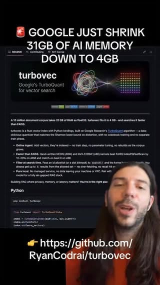 TurboVec is a new open-source vector index built on Google Research’s TurboQuant that delivers extreme compression without sacrificing much performance.

Ships with:
• 16x memory reduction (31 GB → 4 GB on 10M vectors)
• 2–4 bit quantization with strong recall
• Outperforms or matches FAISS on speed
• Pure Rust + Python bindings, no training phase
• Search-time filtering with SIMD optimizations

👉 https://github.com/RyanCodrai/turbovec
