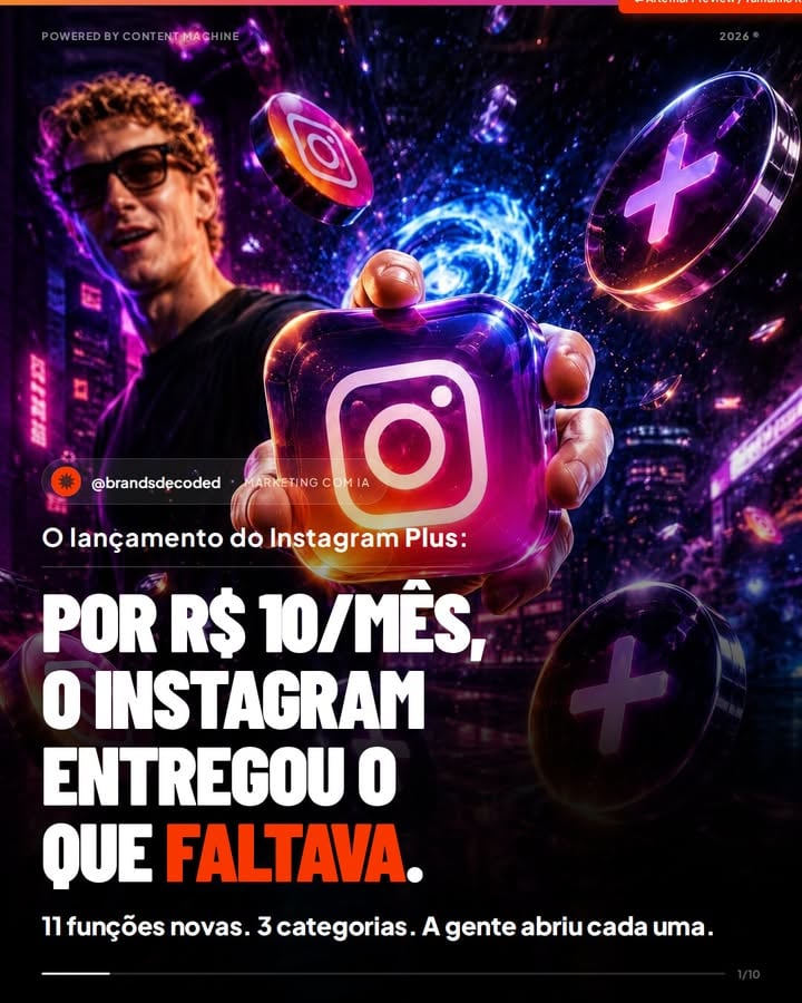 Ontem (4/6) a Meta liberou no Brasil o Instagram Plus por R$ 10/mês — 11 funcionalidades novas divididas em 4 frentes: alcance, dados, segmentação e personalização.

A jogada mais interessante são as múltiplas listas de audiência — uma resposta direta ao Daily e aos "finstas" que cresceram nos últimos 2 anos.

Vale pra quem usa o Instagram como ferramenta. Não vale pra quem usa como passatempo.

Gostaram do novo Instagram para a criação de conteúdo?

Comenta CLAUDE pra receber o nosso sistema na DM.