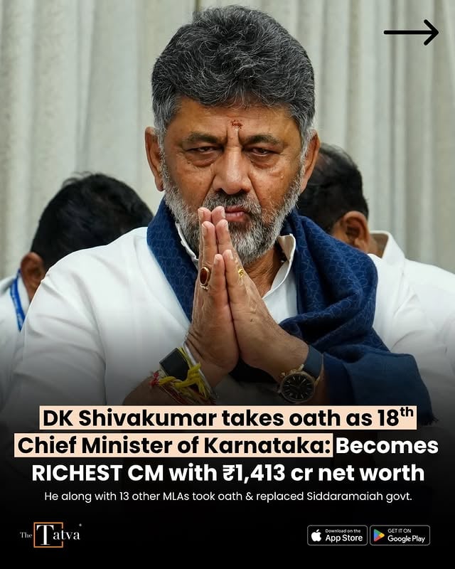 Senior Karnataka Congress leader D K Shivakumar, popularly known as DKS, has become Karnataka’s new Chief Minister, making him the country’s richest CM by declared assets.According to his 2023 Assembly election affidavit, the combined assets of Shivakumar and his dependents stood at ₹1,413.78 crore. This marked a sharp rise from ₹840.08 crore declared by him during the 2018 Karnataka Assembly elections.With this, Shivakumar has overtaken Andhra Pradesh Chief Minister N Chandrababu Naidu, who was earlier reported to be India’s wealthiest Chief Minister with declared family assets of over ₹931 crore, according to an ADR report.Shivakumar’s brother and former MP D K Suresh had also declared assets worth around ₹593 crore in his affidavit for the 2024 Lok Sabha elections.The Congress leader’s wealth has often become a political flashpoint in Karnataka. His opponents, including JD(S) leader and Union Minister H D Kumaraswamy, have repeatedly questioned the source of his assets.Over the years, Shivakumar has faced multiple allegations linked to misuse of office, money laundering, tax evasion, and accumulation of assets allegedly disproportionate to his known sources of income.While some cases against him have either been closed or quashed, others continue to remain pending before courts. In 2024, the Supreme Court refused to quash a CBI disproportionate assets case against him.Shivakumar, one of the Congress’s most powerful leaders in Karnataka, has long been seen as the party’s key troubleshooter in the state. His elevation to the Chief Minister’s post marks a major political shift in Karnataka and comes after months of speculation over the Congress leadership arrangement in the state. by @thetatvaindia