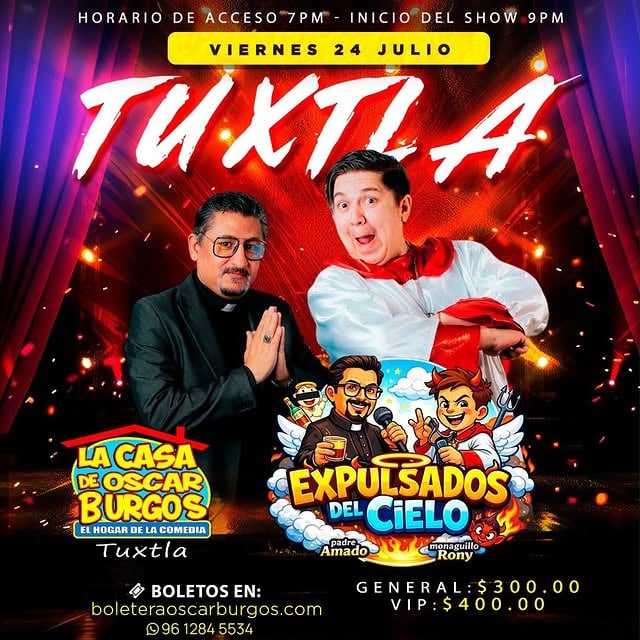 Tuxtla🎭✨ 24 de julio en Casa de Óscar Burgos 🎙️🔥Llevamos el show completo de Expulsados del Cielo para pasar una noche llena de risas, anécdotas y buen humor 😂🍻🎟️ Ya hay boletos disponibles. ¡No se queden fuera!#tuxtla #CasaDeOscarBurgos #Comedia #Humor #ExpulsadosDelCielo by @ronygarciagarces
