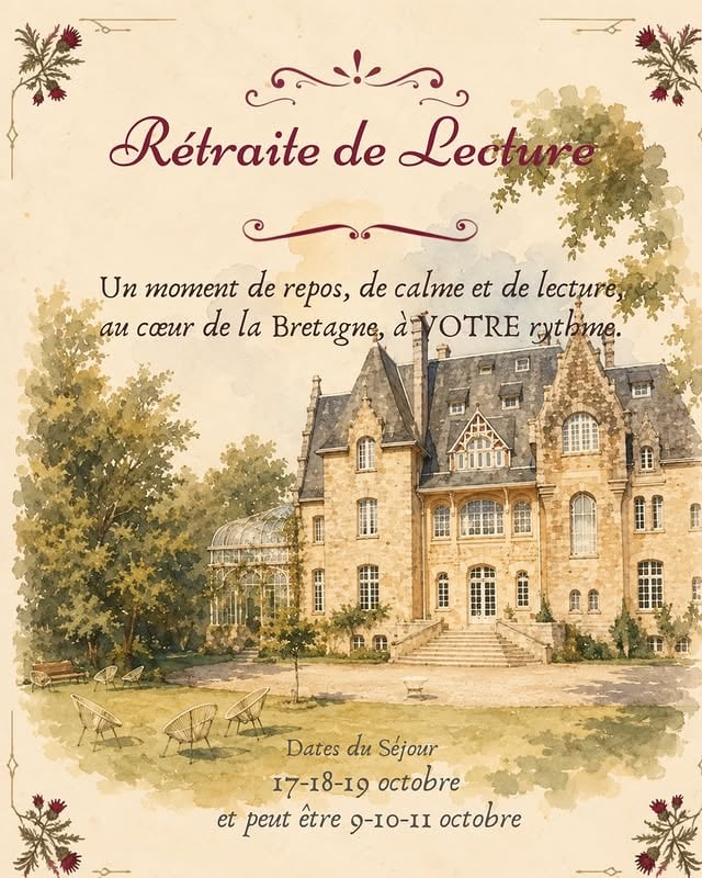Allez, je fais une publication propre et claire, du moins je l’espère, pour vous donner toutes les informations pour la ou les retraites lecture qui se profilent. Ça va être tellement bien ! J’ai hâte de vous y rencontrer! Vous n’aurez rien à faire sinon à décider de votre heure de lever ou de coucher, de votre salle à manger (en silence avec un livre, ou à discuter avec d’autres), de si vous venez marcher et prendre l’air ou pas. Bref, 3 jours-2 nuits de calme et de repos à mettre les pieds sous la table et le cocktail dans la main ! Prévenez les grands parents, les marraines et les parrains que leur aide est requise ce we la pour garder la marmaille, embarquez votre BFF, ou venez seule sans vous sentir obligée de parler. C’est VOTRE TEMPS POUR VOUS !! Commentez LECTURE pour recevoir le LIEN DE PREINSCRIPTION  Et oui, j’ai utilisé l’intelligence artificielle de Canva pour faire ces petites affiches, je n’avais ni le temps de le faire moi-même ni le talent d’ailleurs et clairement pas le budget, ni le temps non plus pour faire appel à une illustratrice. Le jour où les retraites auront triplé de budget, On en reparlera. Merci de votre indulgence. Et en plus, ces images me font rêver.
