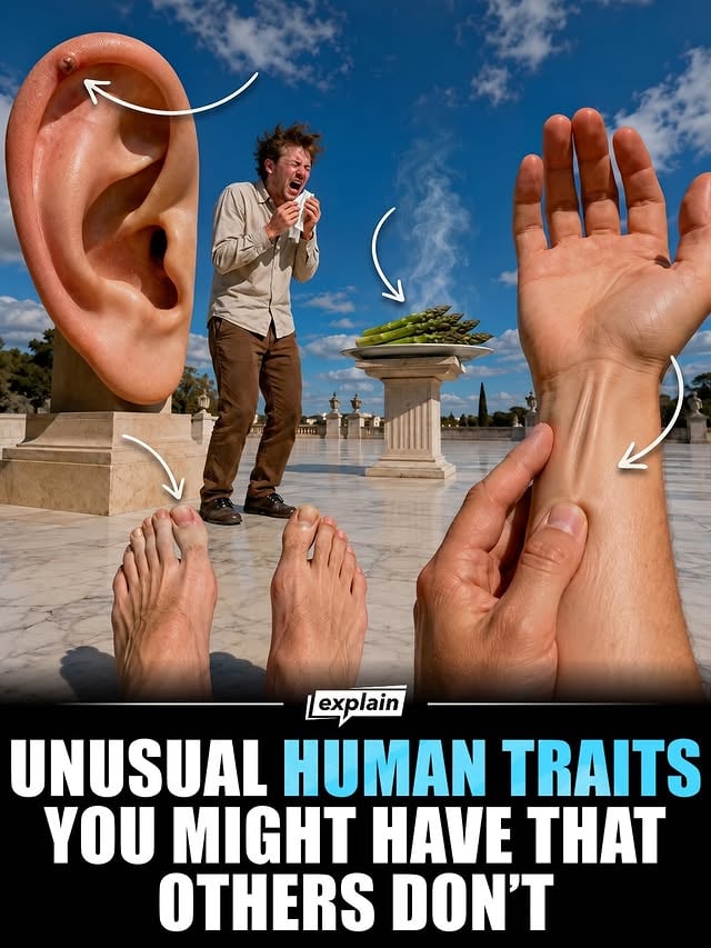 Some of the traits you think are universal actually aren’t. From Morton’s toe and Darwin’s tubercle to the ability to smell asparagus metabolites, human bodies can vary in surprising ways.

A small percentage of people lack the palmaris longus tendon, sneeze when exposed to bright light, or have dry earwax due to genetic differences. Most of these traits are harmless and often go unnoticed.

Others are neurological. Around 4% of people have aphantasia and can’t visualize mental images, while some people report having little to no inner voice at all.

Follow @explain to learn something new every day 🤝