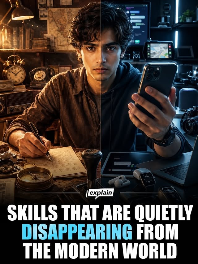 Some everyday skills are quietly disappearing as technology takes over tasks people once learned by necessity.

From writing in cursive and reading analog clocks to memorizing phone numbers and doing mental math, many abilities that were once considered basic are becoming less common. GPS has largely replaced paper maps, while automatic transmissions have made manual driving a rarity in many countries.

Even practical skills like sewing and clothing repair are fading as replacing items becomes easier than fixing them. While technology has made life more convenient, it has also reduced the need to develop certain skills that previous generations used every day.

Whether these changes represent progress or a loss of self-reliance depends on who you ask.

Follow @explain to learn something new every day 🤝