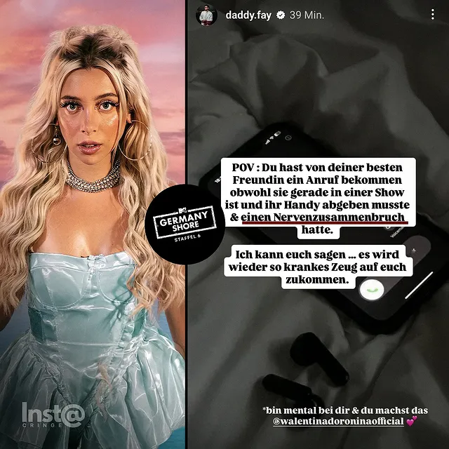 Wieder eskaliert? Realitystar Walentina Doronina ist Gerüchten zufolge gerade bei den Dreharbeiten für die 6. Staffel von "Germany Shore", wo sie scheinbar einen Nervenzusammenbruch gehabt haben soll... 👀

Ihr bester Freund Fatih verriet nämlich heute, dass sie gerade in einer Show ist, wo sie eigentlich, wie immer, ihr Handy abgeben musste.

Doch offenbar war es Walentina trotzdem möglich, ihn anzurufen. Laut ihm hatte sie wohl einen Nervenzusammenbruch. Weiter erklärte er: "Ich kann euch sagen, es wird wieder so krankes Zeug auf euch zukommen."

Ob Walentina wohl wieder mit irgendjemanden aneinandergeraten ist? 

Gerüchte zum Cast der 6. Staffel:
• Walentina Doronina (OG-Member)
• Paulina Ljubas (OG-Member)
• Tommy Pedroni (OG-Member)
• Jessi (OG-Member)
• Gigi Birofio 
• Laurenz Pesch
• ...
• ...
• ...

Quelle: @realitys.shows.edits

Bildquelle 1: Paramount+ / "Germany Shore"
Bildquelle 2: Instagram / daddy.fay
Bildquelle 3: Instagram / realitys.shows.edits
@germanyshore #germanyshore #realitytv