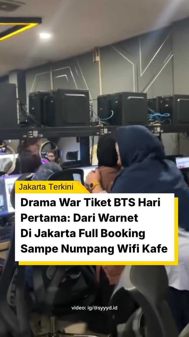 War tiket Membership Presale konser BTS yang berlangsung Selasa (9/6/2026) siang, diserbu lebih dari 500 ribu Army. Demi memperbesar peluang mendapatkan tiket, banyak penggemar sampai booking PC warnet jauh-jauh hari hingga berburu kafe dengan WiFi super kencang.

Bahkan, sejumlah warnet di Jakarta dikabarkan penuh oleh Army yang fokus mengikuti war tiket.

“Min lagi rame banget nih war tiket BTS, Army padati warnet di Jakarta, bener-bener full book semua 😭🙏,” ujar seorang netizen Melalui DM.
Kamu ikut War tiket Juga Jakartans..?

Follow @jakarta.terkini agar tidak ketinggalan info terkini di Jakarta.

#JakartaTerkini