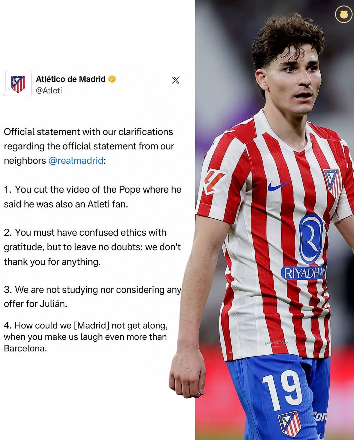 🚨| OFFICIAL: Altetico Madrid’s statement against Real Madrid.