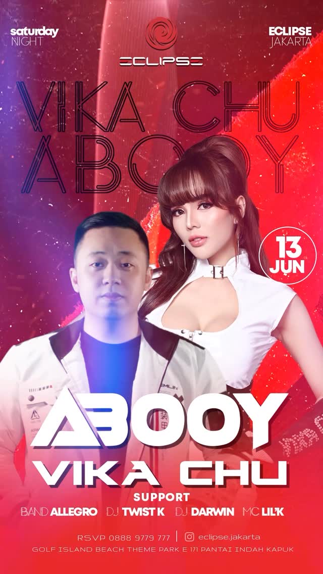 Get ready for the ultimate weekend peak at Eclipse Jakarta! We’re dropping our explosive weekly lineup, and Saturday night is about to hit maximum capacity. Kickstart your Saturday with the powerhouse duo ABOOY X VIKA CHU on June 13th at Eclipse Jakarta! The Saturday Elite Crew:⚡️ ABOOY⚡️ VIKA CHUSupported by our finest residents:⚡️ Band Allegro • DJ Twist K • DJ Darwin • MC Lil’KMark your calendars, gather your squad, and prepare for a high-voltage night of pure madness! Secure your spot now!📞 RSVP: 0888 9779 777 by @vika_chu_official