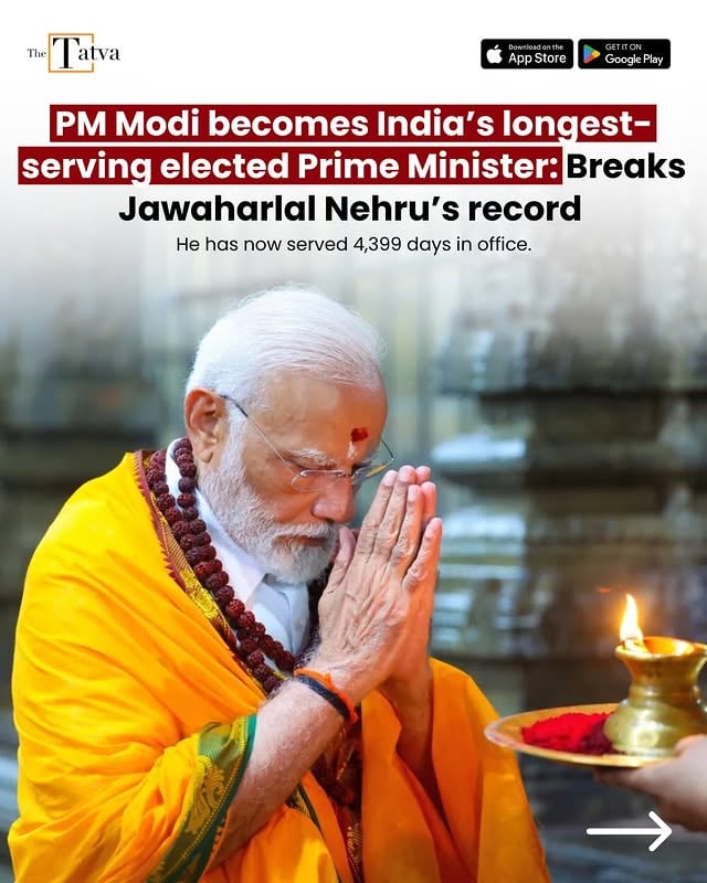 Prime Minister Narendra Modi has crossed a major political milestone, becoming India’s longest-serving elected Prime Minister in uninterrupted tenure.

On June 10, 2026, PM Modi completed 4,399 consecutive days in office, surpassing Jawaharlal Nehru’s elected-tenure record of 4,398 days.

Modi first took oath as Prime Minister on May 26, 2014, after the BJP won a historic majority in the Lok Sabha elections. He returned to power in 2019 with an even bigger mandate and then secured a third consecutive term in 2024, making him only the second Indian Prime Minister after Nehru to win three straight national terms.

The record is based on elected tenure after India’s first general election in 1951-52. Nehru had become Prime Minister in 1947, but his elected tenure is counted from May 13, 1952, after the first Lok Sabha elections, until his death on May 27, 1964.

While Nehru remains India’s longest-serving Prime Minister overall when his full term from 1947 is included, Modi has now overtaken him in the category of uninterrupted elected tenure.

The milestone marks another major moment in Modi’s political journey, which began from Gujarat, where he served as Chief Minister for over 12 years before moving to national politics.

From leading the BJP to its first-ever single-party majority in 2014 to becoming the face of three consecutive national election campaigns, Modi’s tenure has reshaped Indian politics and made him one of the most dominant leaders in the country’s post-independence history.